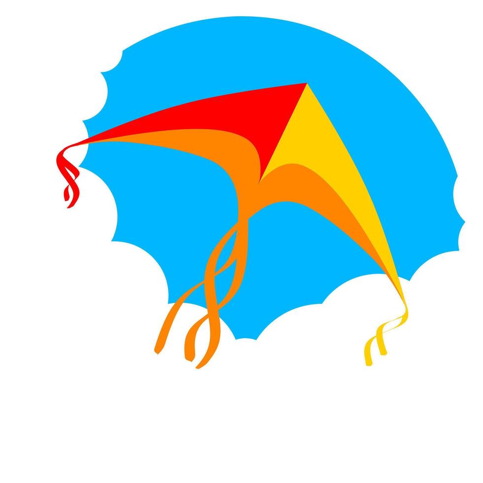 Flying kite vector icon with blue sky and white clouds. Suitable for festival logos.