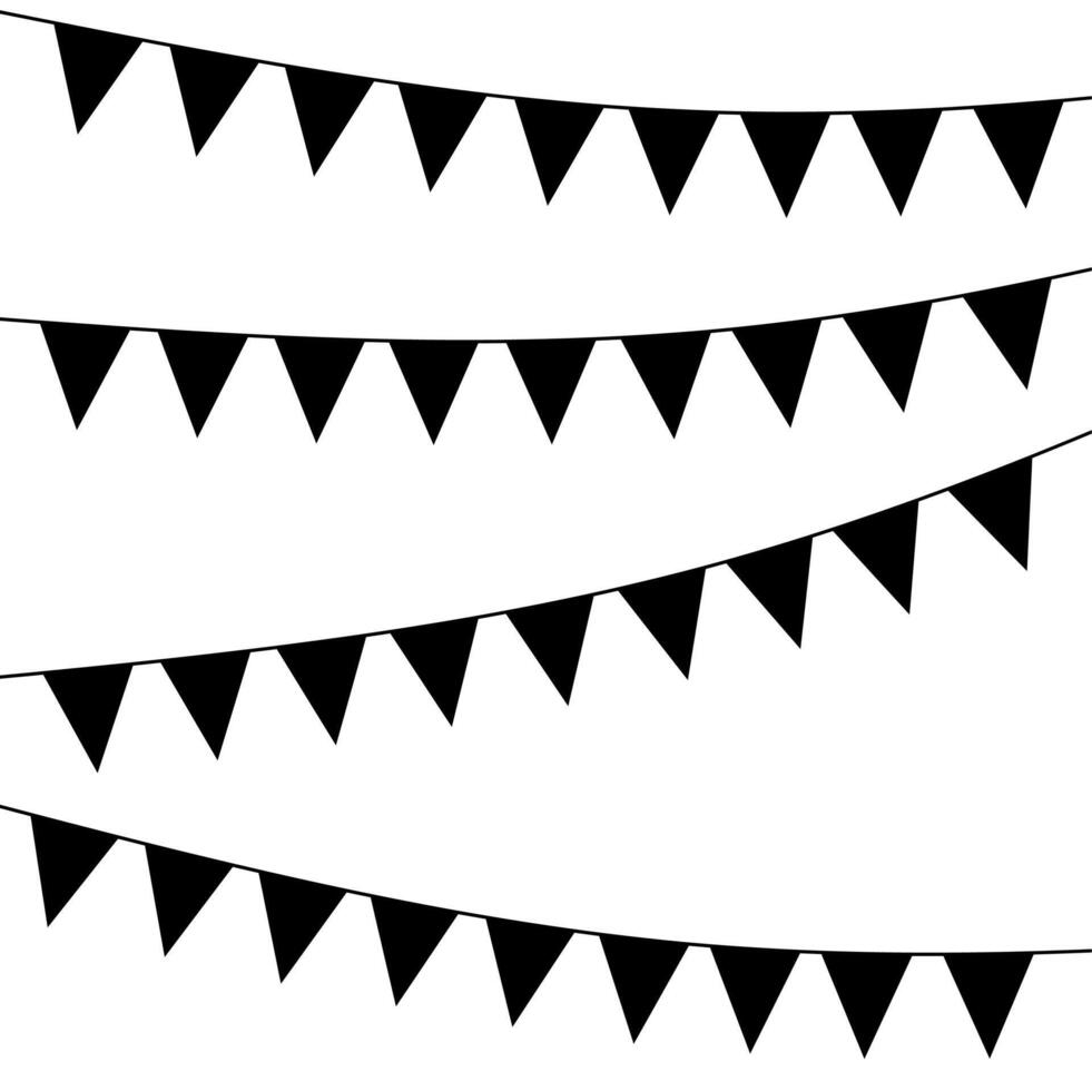 negro de colores carnaval guirnalda aislado en blanco antecedentes. triangular bandera colgando en un cuerda. adecuado para fiesta celebraciones, festivales, ferias y carnavales. vector silueta