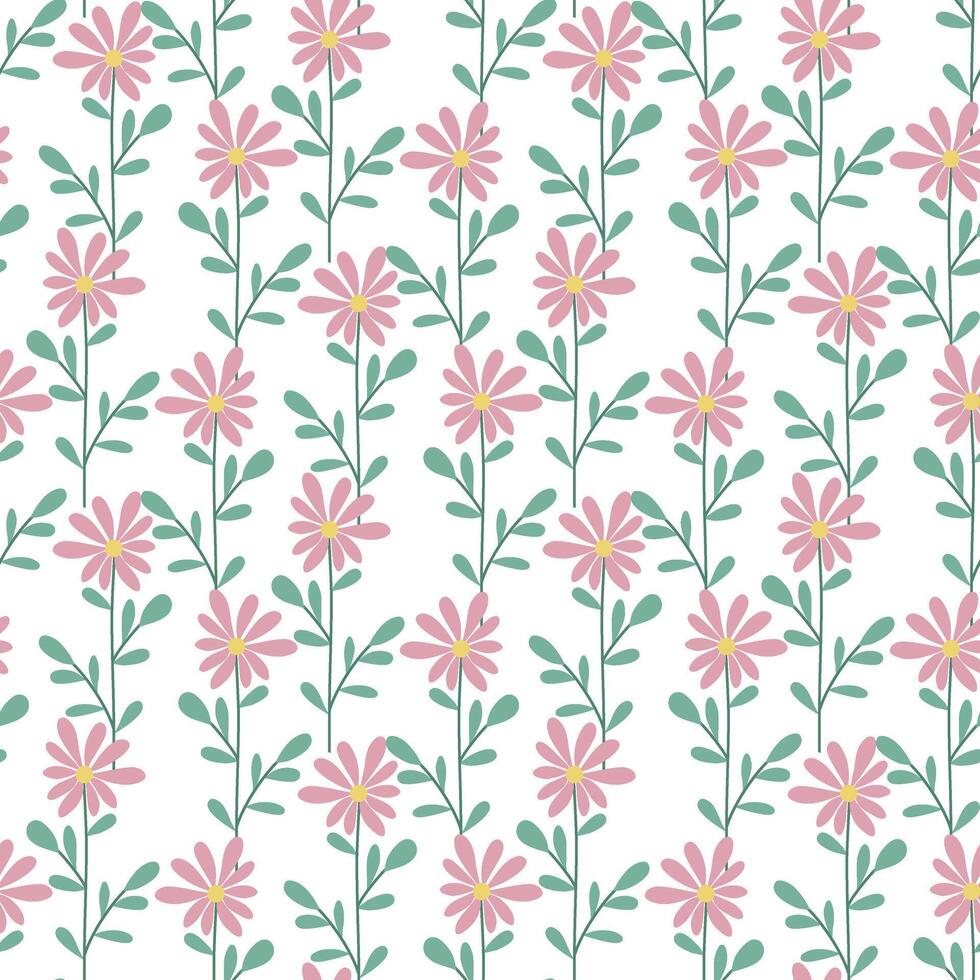 Pink daisies and herbs seamless pattern vector