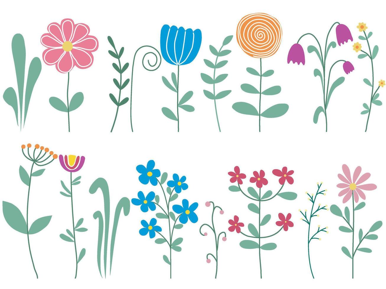 flores silvestres, hierbas y follaje conjunto vector