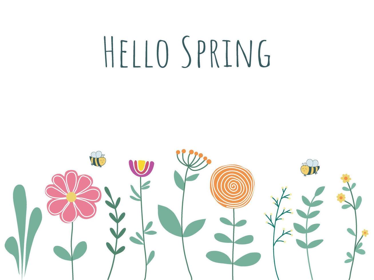 Spring card with bees, flowers, herbs and inscription vector