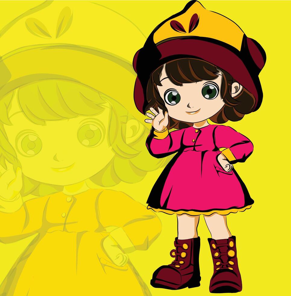 un dibujos animados niña en un rosado vestir y marrón botas vector