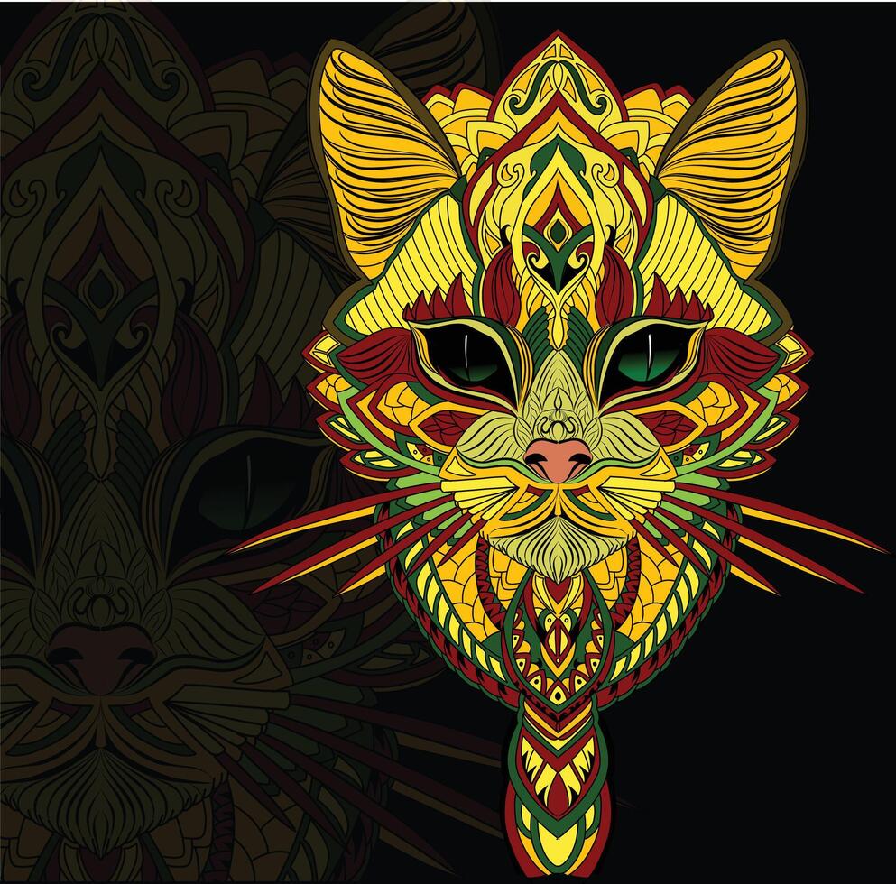 a colorful cat head with a tribal pattern vector
