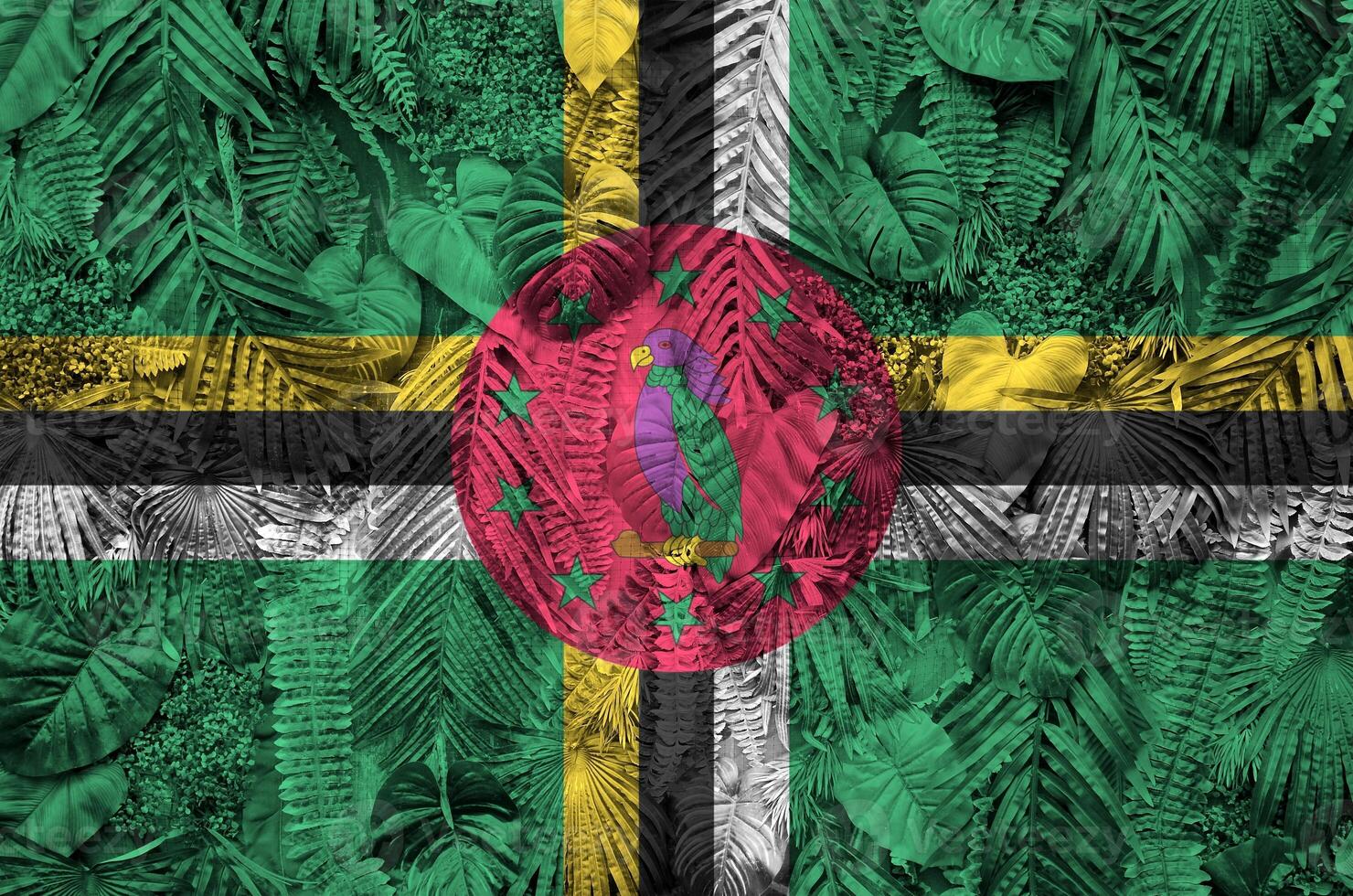 Dominica flag depicted on many leafs of monstera palm trees. Trendy fashionable backdrop photo