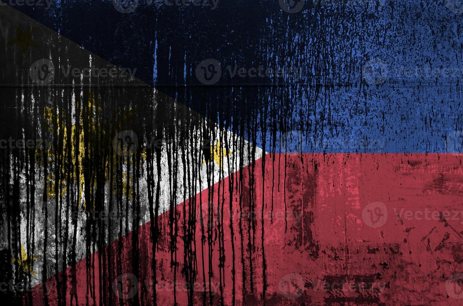 Philippines flag depicted in paint colors on old and dirty oil barrel wall closeup. Textured banner on rough background photo