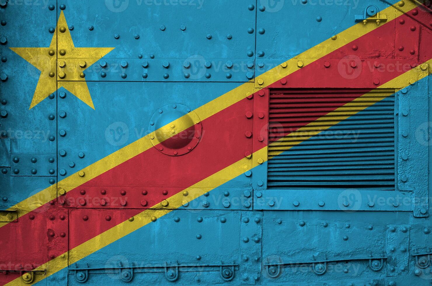 Democratic Republic of the Congo flag depicted on side part of military armored tank closeup. Army forces conceptual background photo