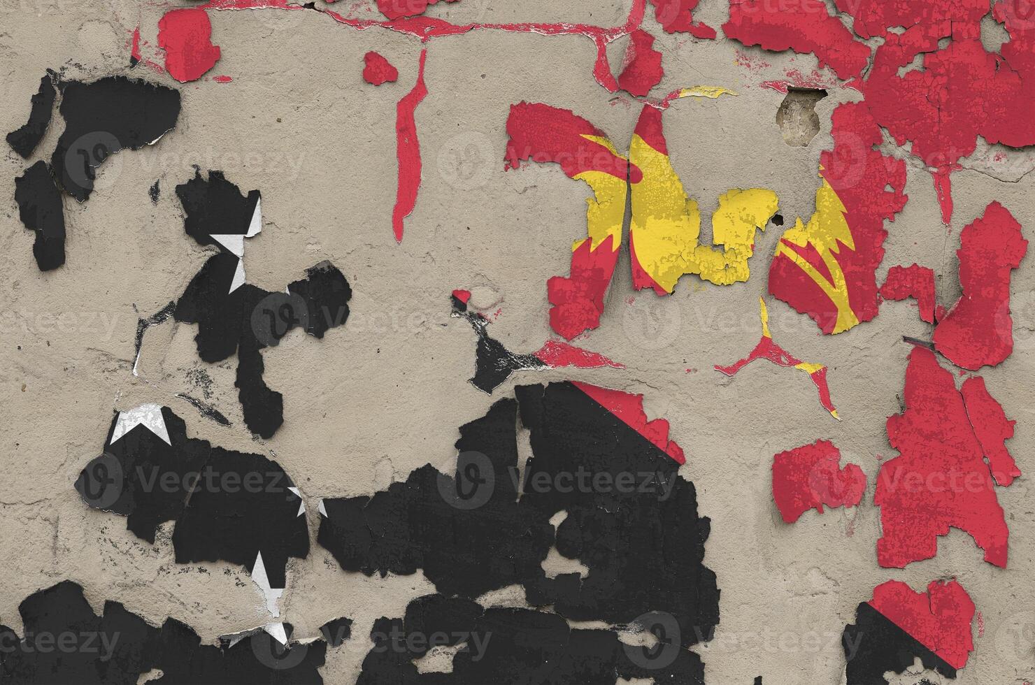 Papua New Guinea flag depicted in paint colors on old obsolete messy concrete wall closeup. Textured banner on rough background photo