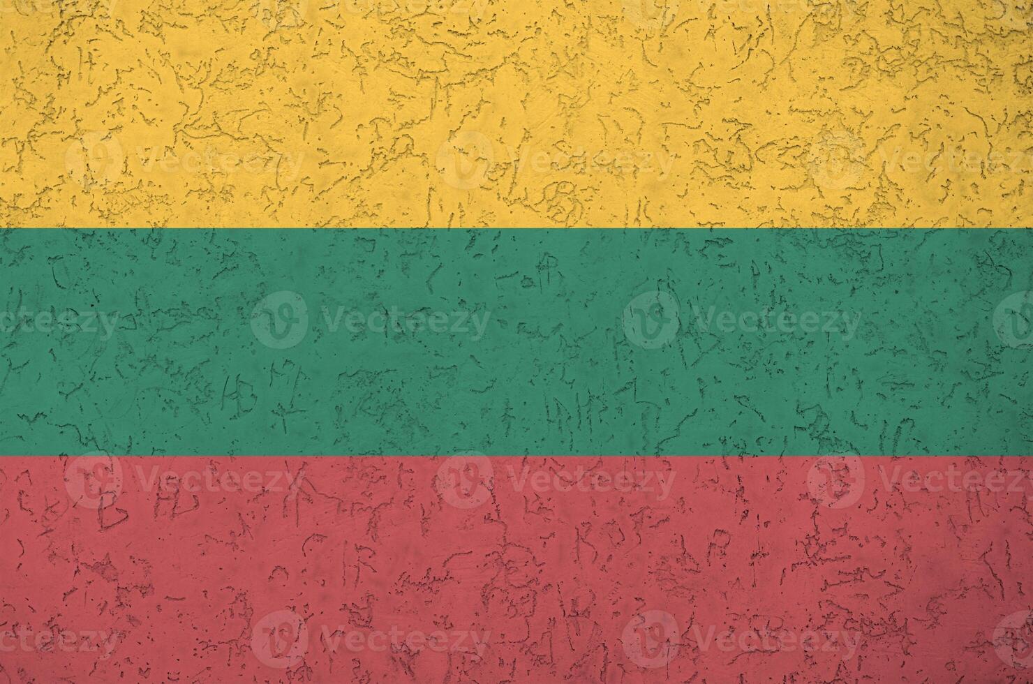 Lithuania flag depicted in bright paint colors on old relief plastering wall. Textured banner on rough background photo