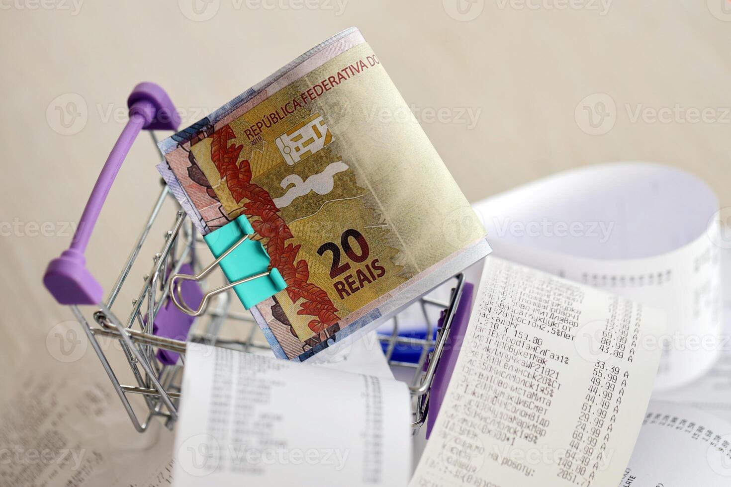 Brazilian reais money bills bunch in shopping trolley surrounded by many paper receipts photo