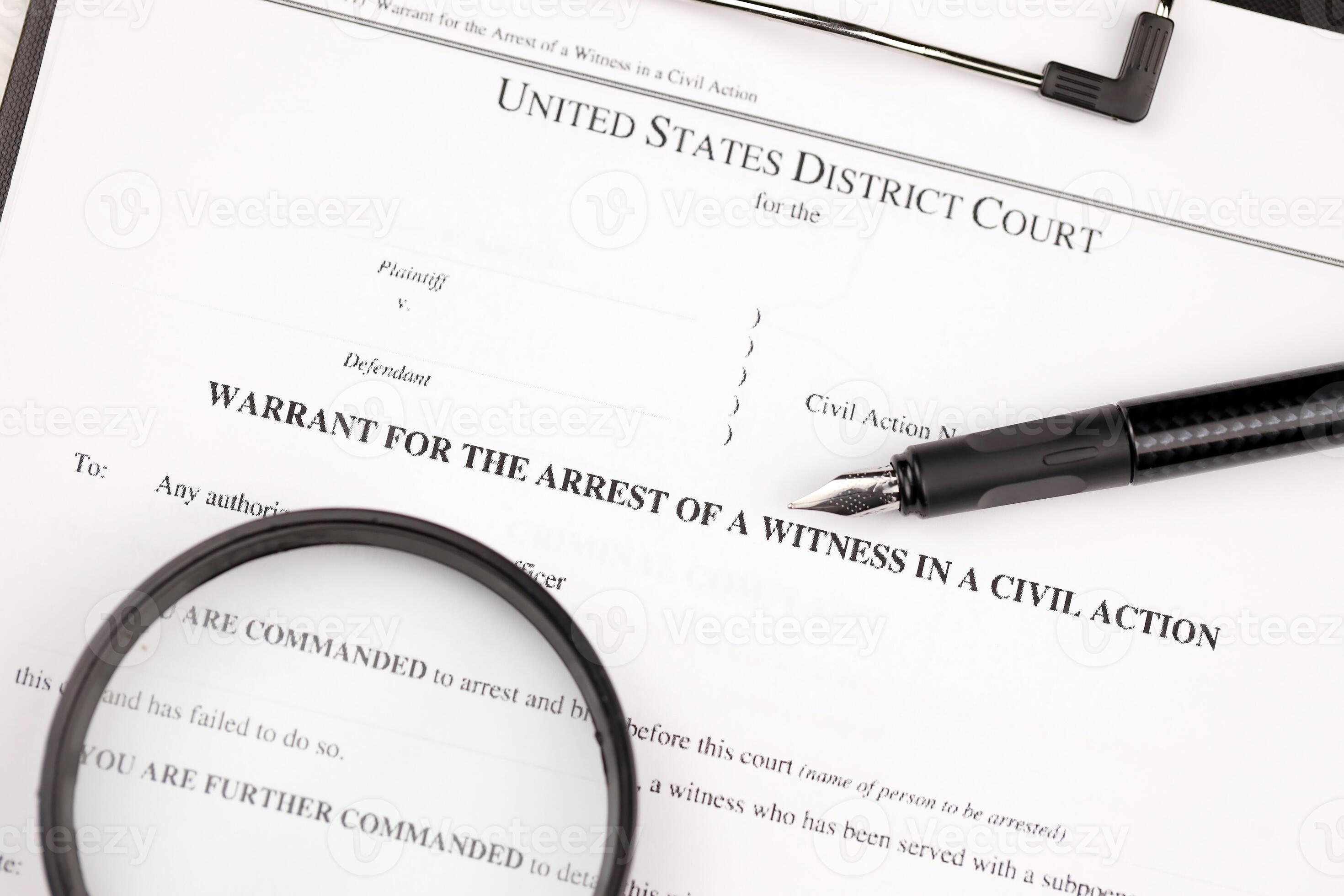 District court warrant for the arrest of a witness in a civil action