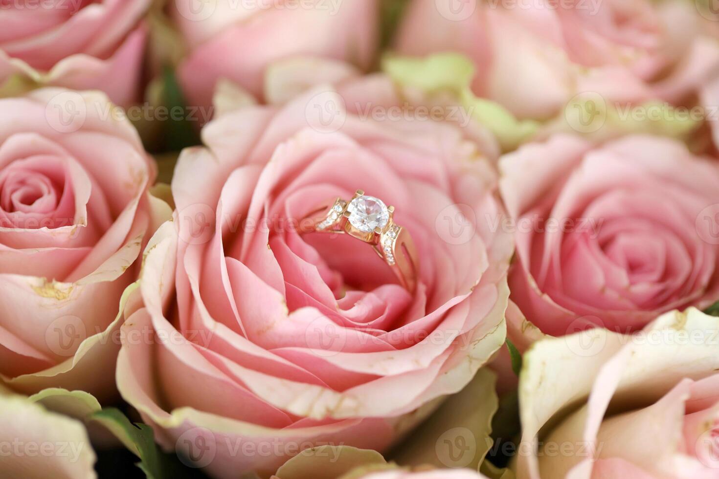 Gold diamond engagement ring in beautiful pink rose flower among big amount of roses in big bouquet close up photo
