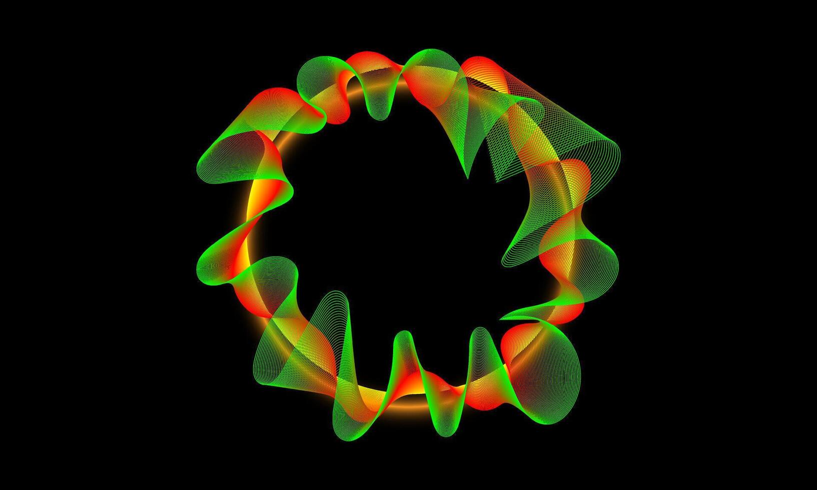 ciencia, tecnología, sonido ola, y digital comunicación conceptos. fluido líneas y puntos de verde y naranja circulo ola patrones en un negro antecedentes. vector