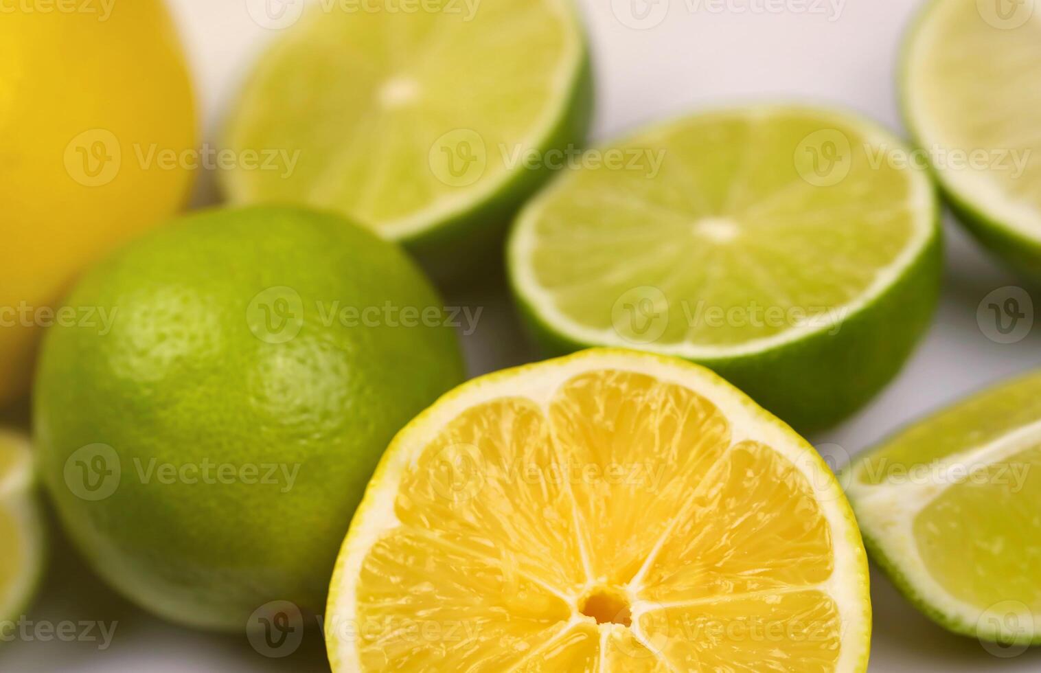 Many halves and slices of yellow lemon and green lime on light white table. Fresh fruits on kitchen wooden top photo