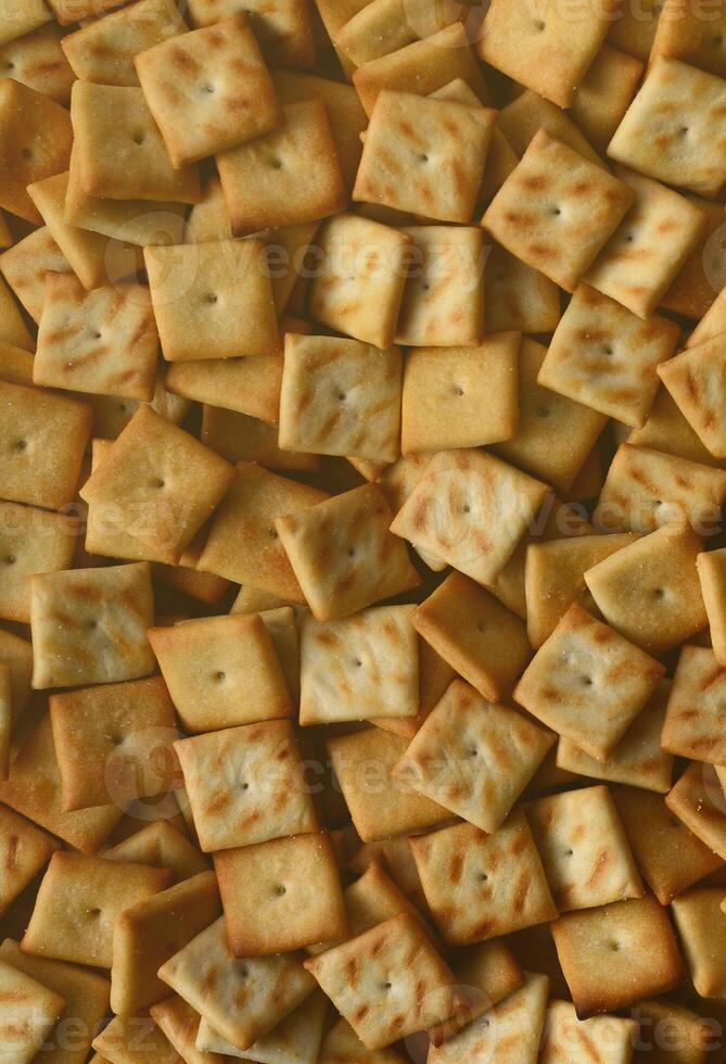 Background texture of small edible squares baked from dough and sprinkled with salt. A lot of salt cracker photo