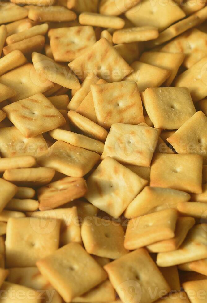 Background texture of small edible squares baked from dough and sprinkled with salt. A lot of salt cracker photo