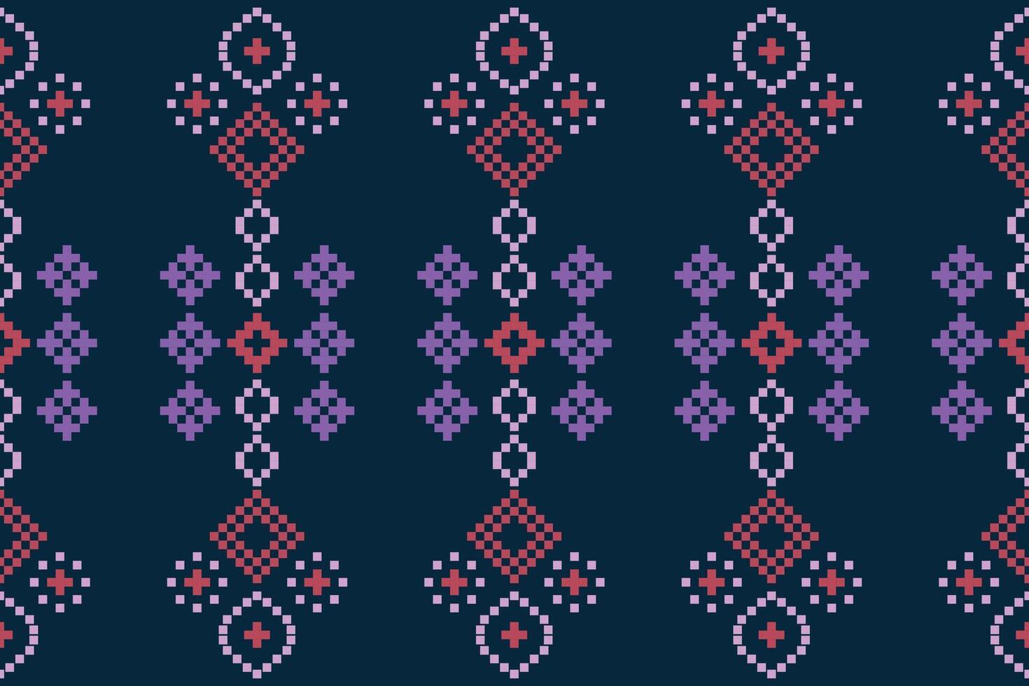 Traditional ethnic motifs ikat geometric fabric pattern cross stitch.Ikat embroidery Ethnic oriental Pixel navy blue background. Abstract,vector,illustration. Texture,scarf,decoration,wallpaper. vector