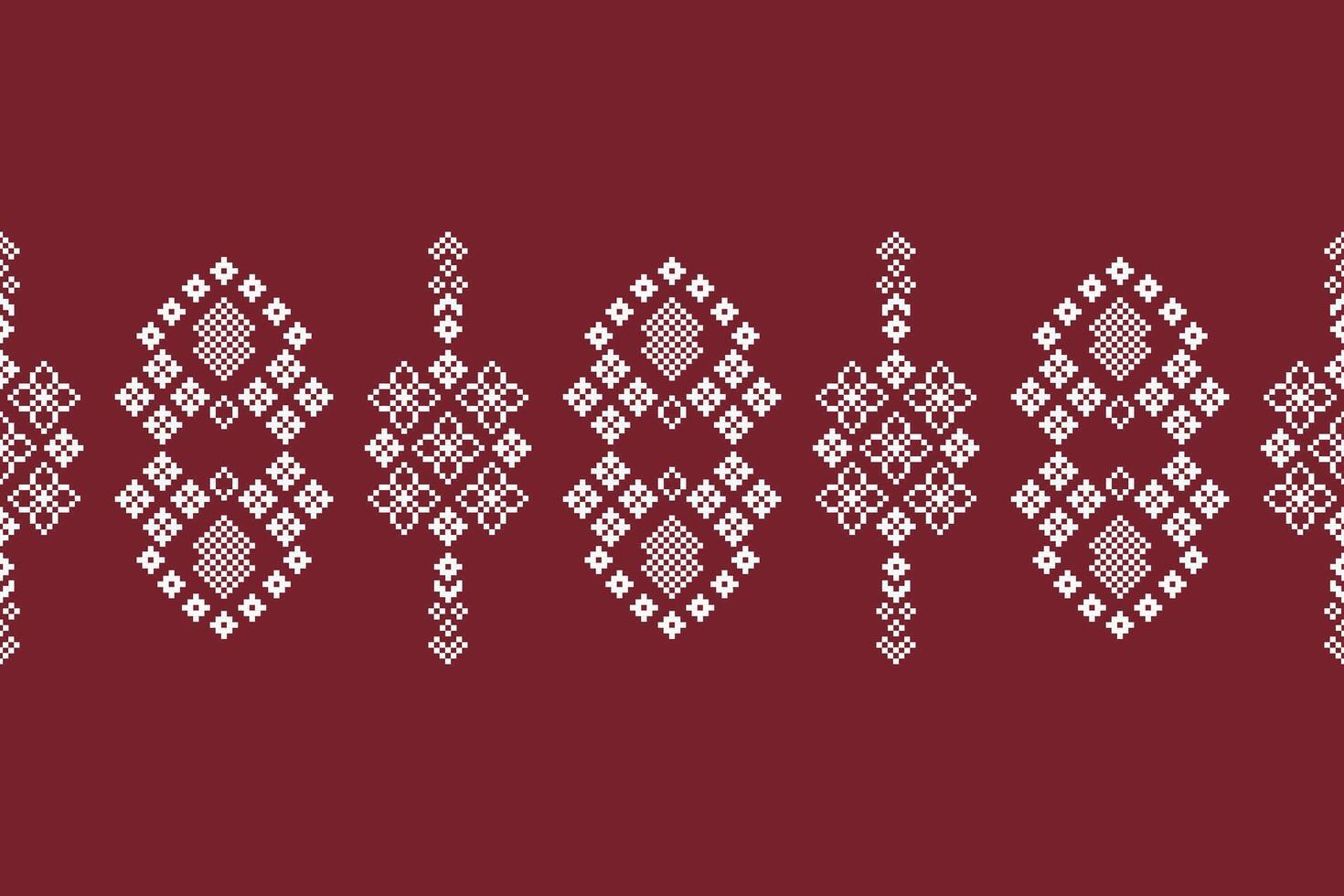 Ethnic geometric fabric pattern Cross Stitch.Ikat embroidery Ethnic oriental Pixel pattern christmas red background. Abstract,vector,illustration. Texture,frame,decoration,motifs,silk wallpaper. vector