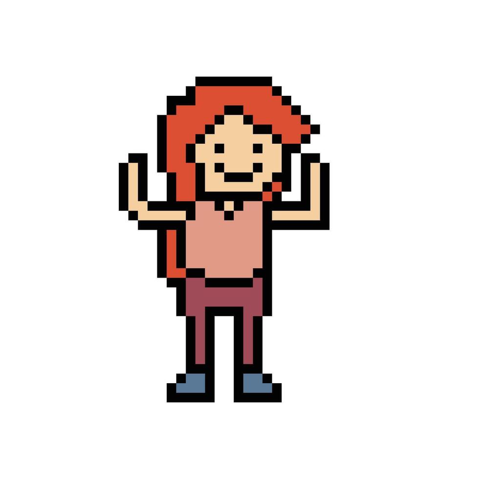 Cute pixel cartoon 8bit character woman exercises training alone lifestyle vector for decoration life style 8 bit female dance exercise gym fitness warm up game vector.