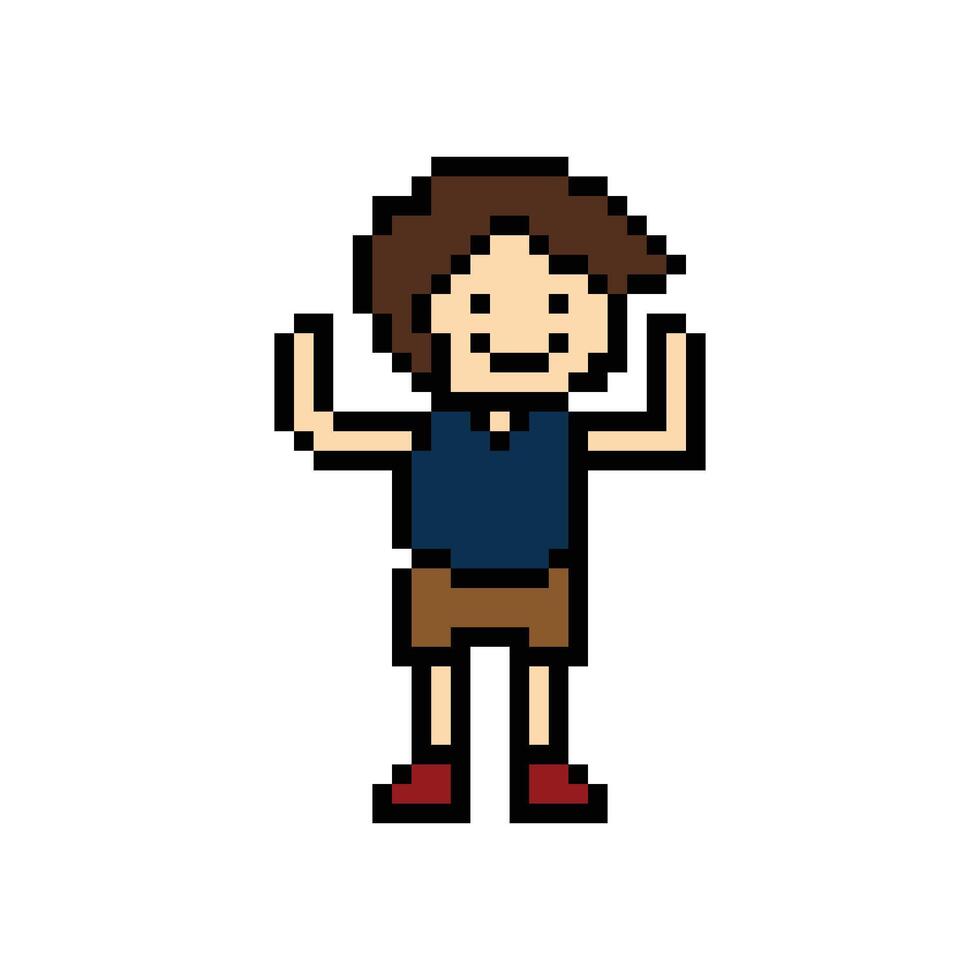 Cute pixel cartoon 8bit character man exercises training alone lifestyle vector for decoration life style 8 bit male boy exercise gym fitness warm up game vector.