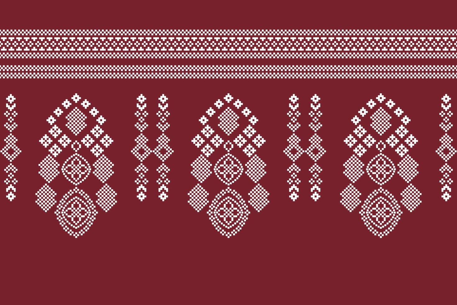 Ethnic geometric fabric pattern Cross Stitch.Ikat embroidery Ethnic oriental Pixel pattern christmas red background. Abstract,vector,illustration. Texture,frame,decoration,motifs,silk wallpaper. vector