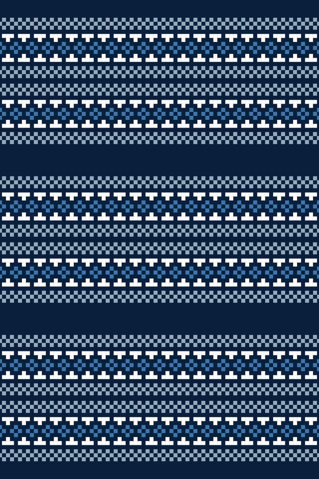 Traditional ethnic motifs ikat geometric fabric pattern cross stitch.Ikat embroidery Ethnic oriental Pixel navy blue background. Abstract,vector,illustration. Texture,scarf,decoration,wallpaper. vector