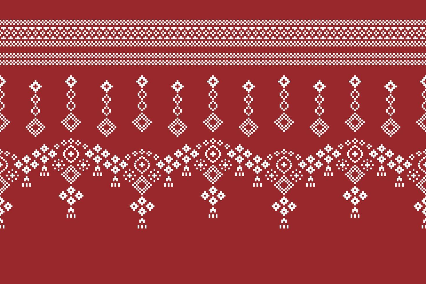 Ethnic geometric fabric pattern Cross Stitch.Ikat embroidery Ethnic oriental Pixel pattern christmas red background. Abstract,vector,illustration. Texture,frame,decoration,motifs,silk wallpaper. vector