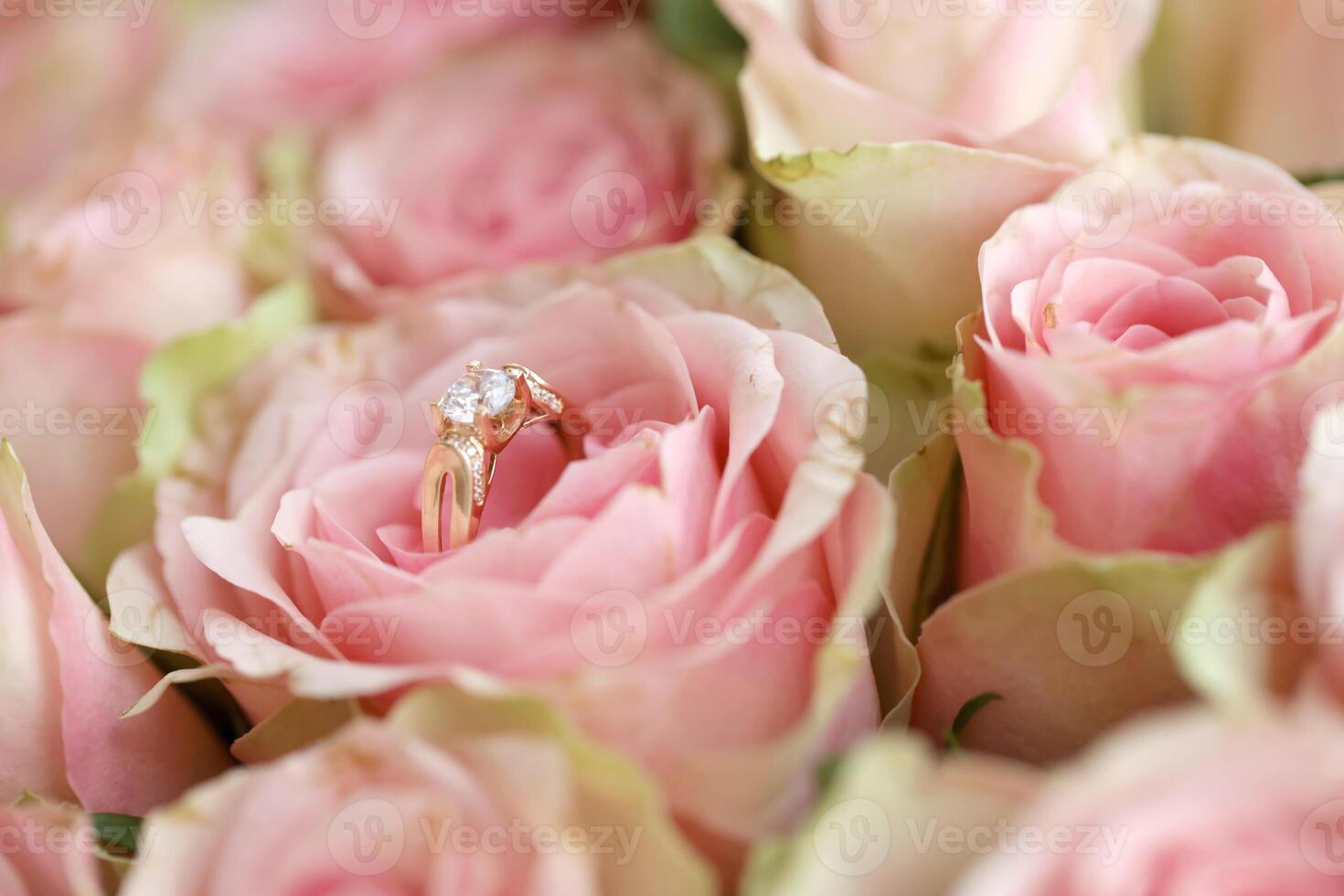 Gold diamond engagement ring in beautiful pink rose flower among big amount of roses in big bouquet close up photo