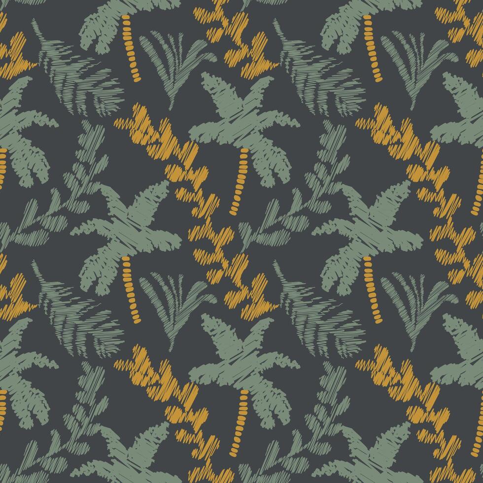 Hand drawn scribble tropical palm tree and leaves seamless pattern vector