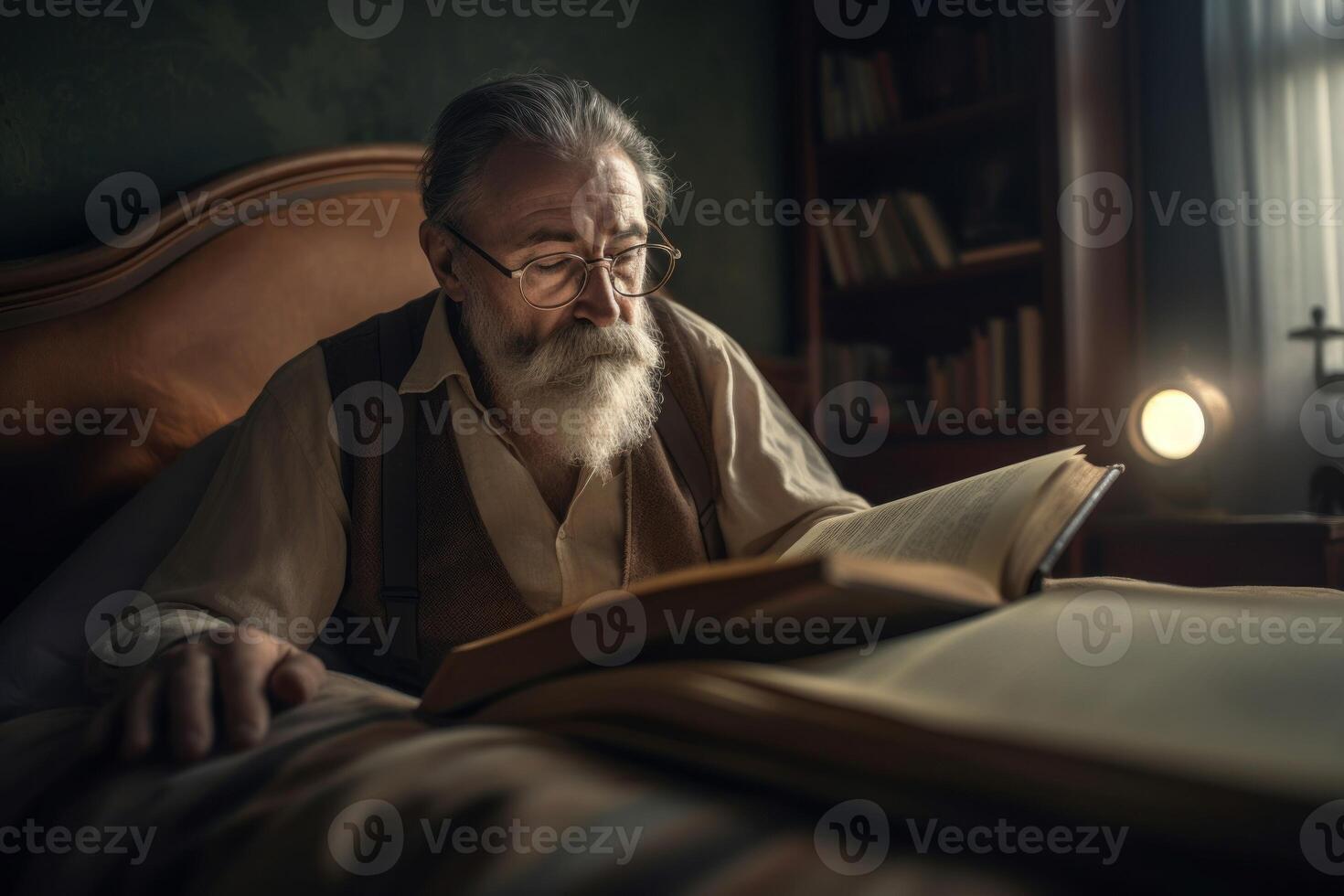 AI generated Old man bed reading. Generate AI photo