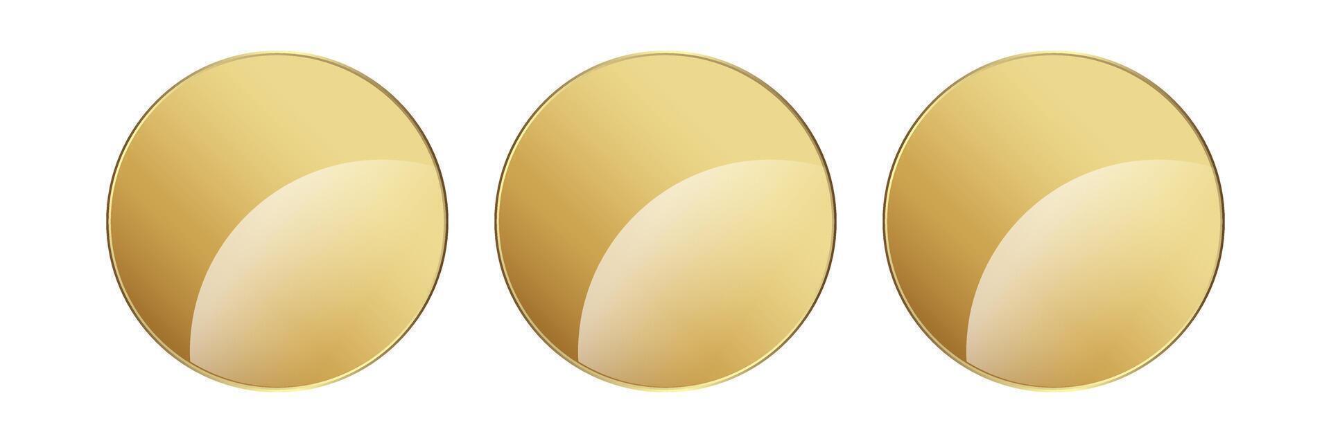 Three Gold circle button on isolated white background and 3 luxury gold icon, element, symbol on isolated white. Vector illustration