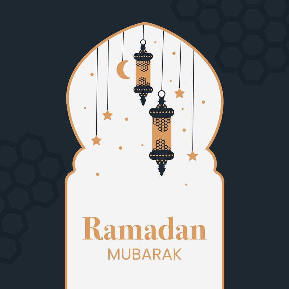 Ramadan Mubarak greeting card template. The card is excellent for social media posts, cards, brochures, flyers, and advertising poster templates. It is a vector illustration.