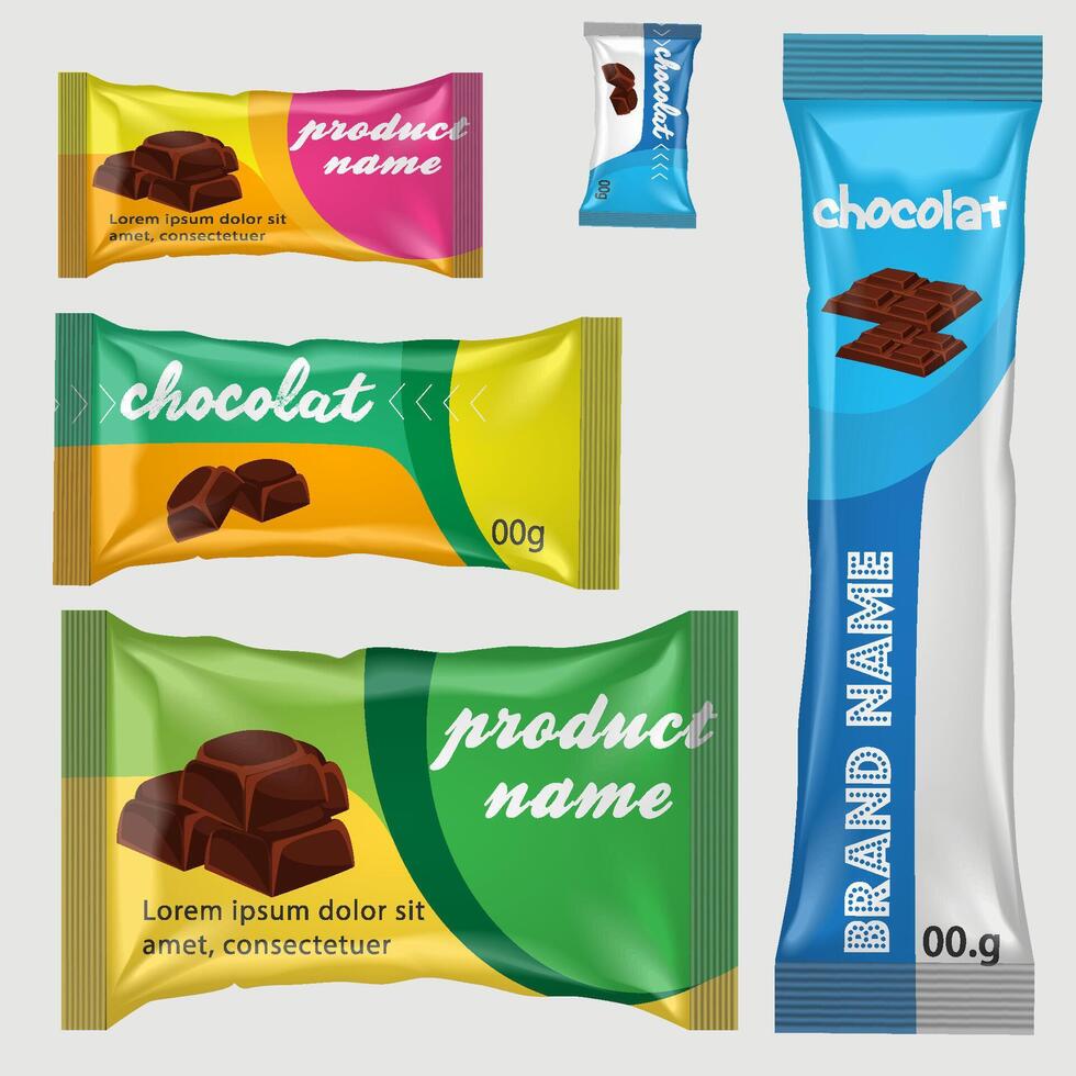 Chocolate bar of candy bar set isolated on white background. Sweets snacks bars packages templates. Dessert food vector illustration