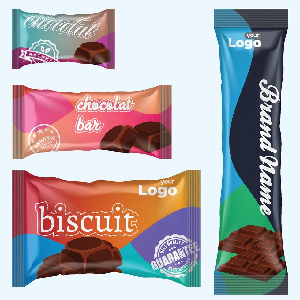 Flow pack and chocolate bar. White snack package template for cookies, biscuit, wafer. Blank chocolate bar mockup by foil flow pack on transparent back. vector