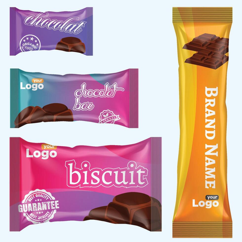 Flow pack and chocolate bar. White snack package template for cookies, biscuit, wafer. Blank chocolate bar mockup by foil flow pack on transparent back. vector