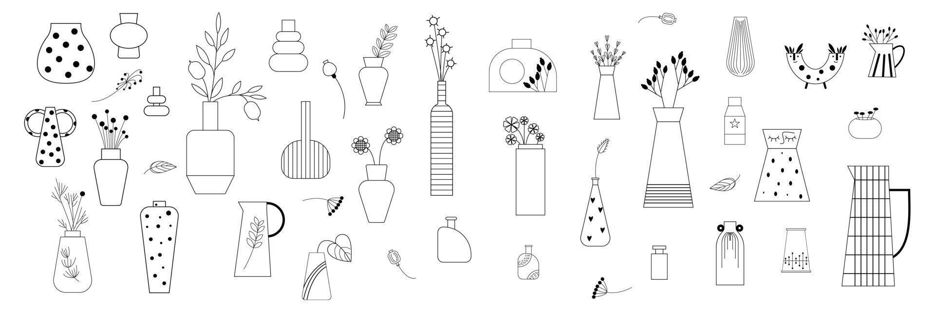 Minimalistic natural and ceramic vector big set with graphic, abstract, whimsical and dry flowers in different shape vases.