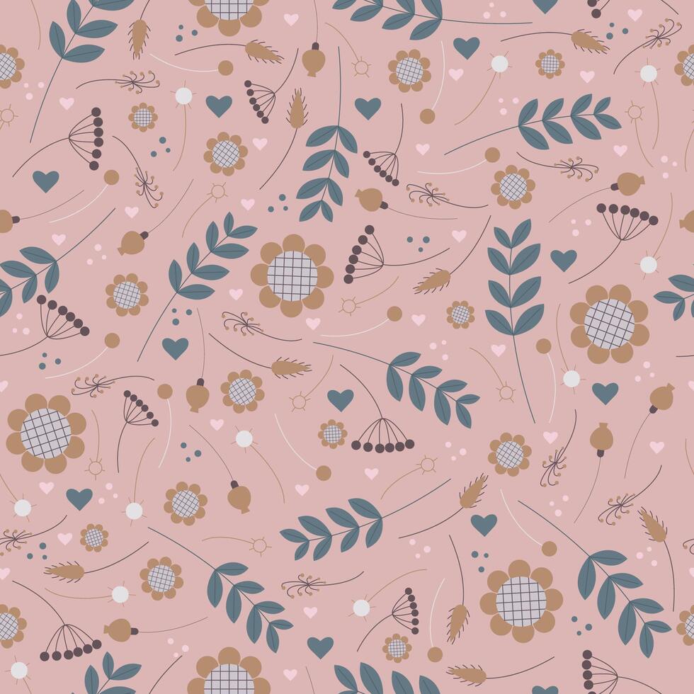 Seamless vector pattern with abstract, whimsical and dry flowers. Surface floral design with small plants, flowers, leaves, twigs, isolated on a pink background.
