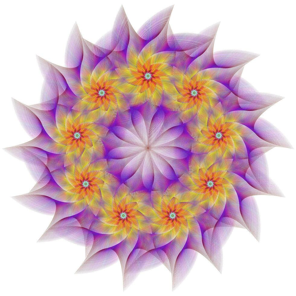 púrpura, amarillo y rojo circular fractal flor diseño vector