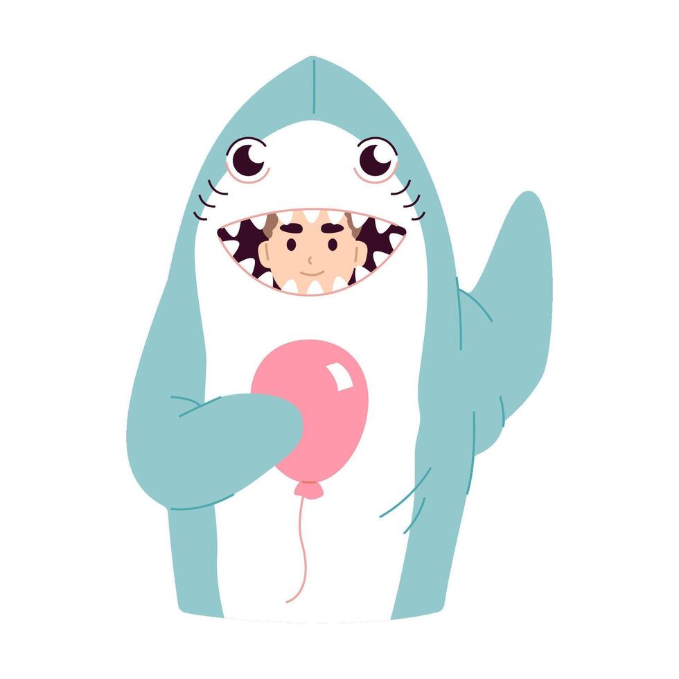 Man in a shark costume waving his hand. Flat vector illustration.