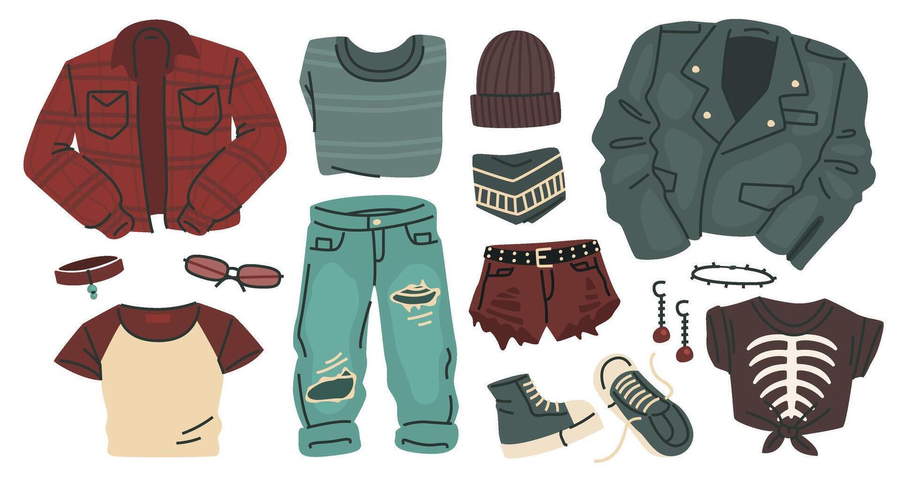 A set of clothing and accessories in grunge style lying on a white background. vector