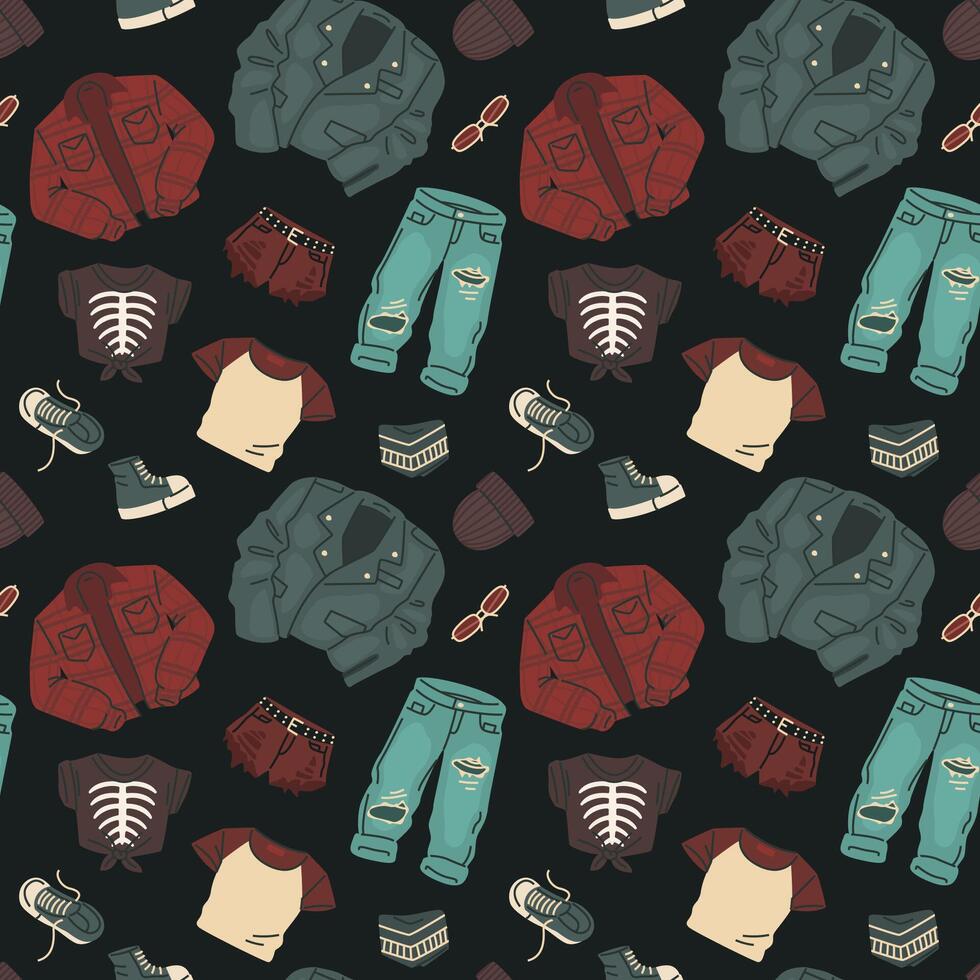 Seamless pattern with clothing and accessories in grunge style on a dark background. vector