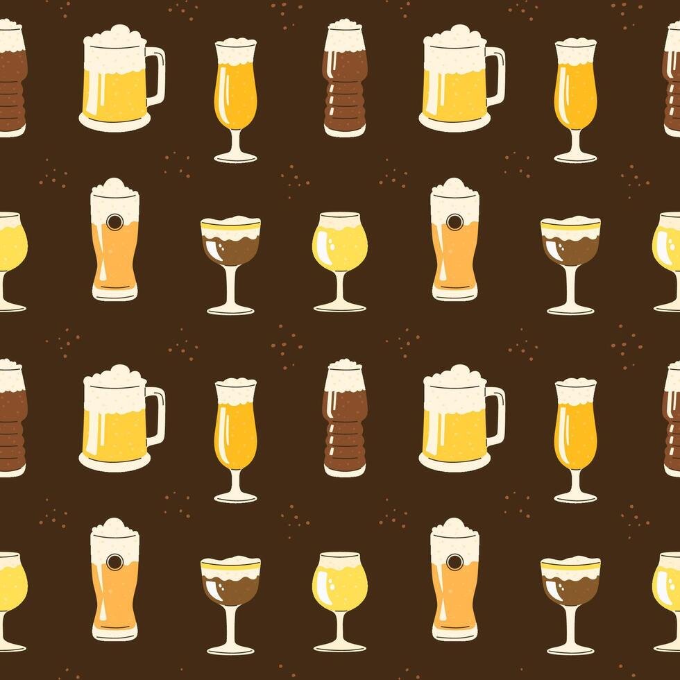 Seamless pattern with glasses of various shapes filled with different types of beer. vector