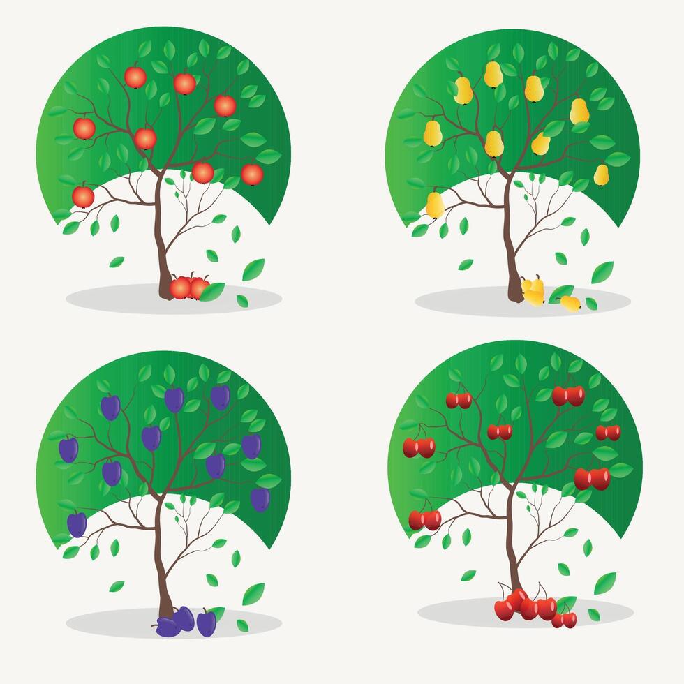 Set for concept design. Beautiful illustration of a set of four trees with foliage. Ecology concept. Cartoon poster with green trees spring summer autumn winter. vector