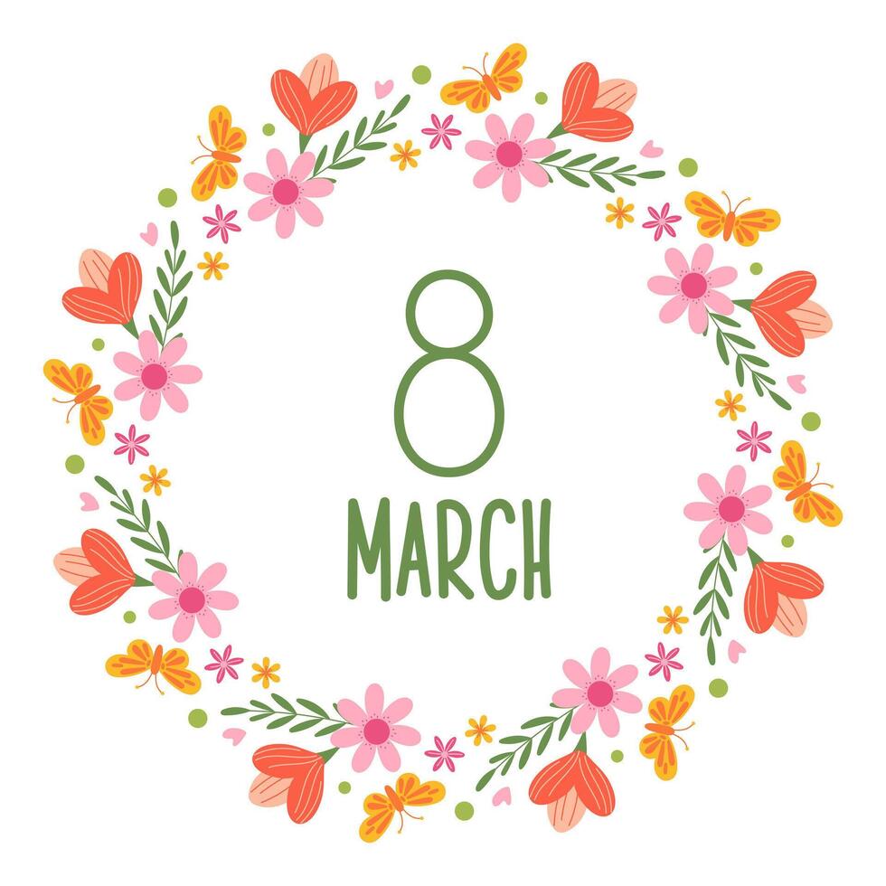 Spring decorative round frame with flowers and butterflies. International Women's Day. March 8. Mother's Day. Design elements for card, invitations, sale, label, scrapbooking. vector