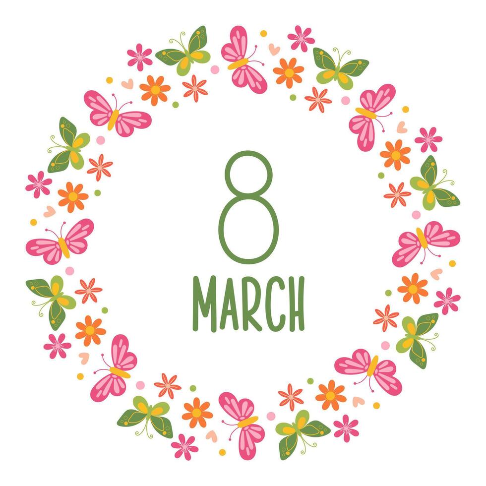 Spring wreath with flowers and butterflies. International Women's Day. March 8. Decorative round frame. Mother's Day. Design elements for card, invitations, sale, label, scrapbooking. vector