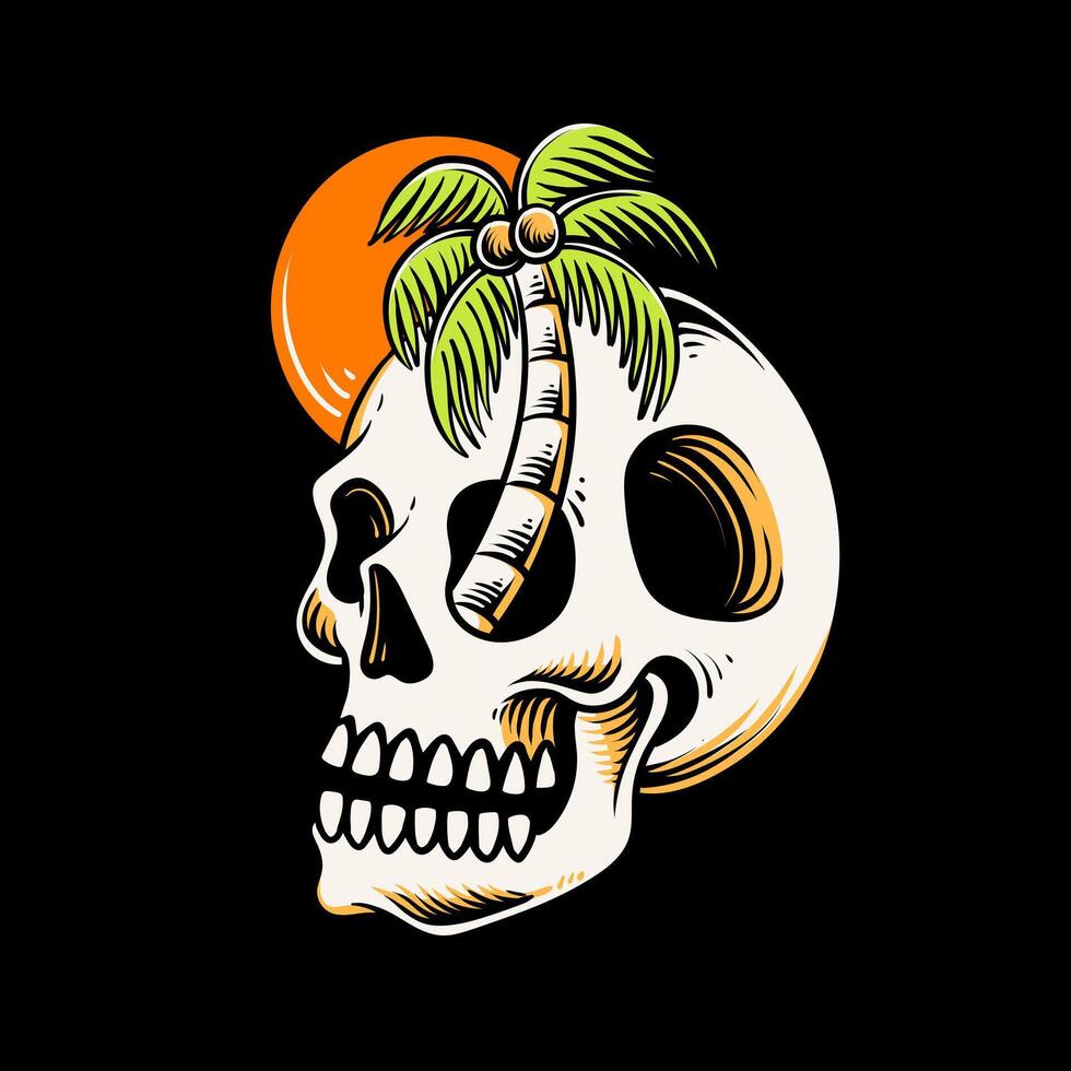 skull head with palm tree design illustration, summer design vector