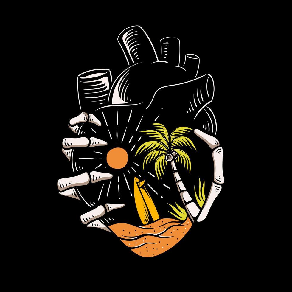 summer inside of heart, skeleton hand holding heart illustration vector