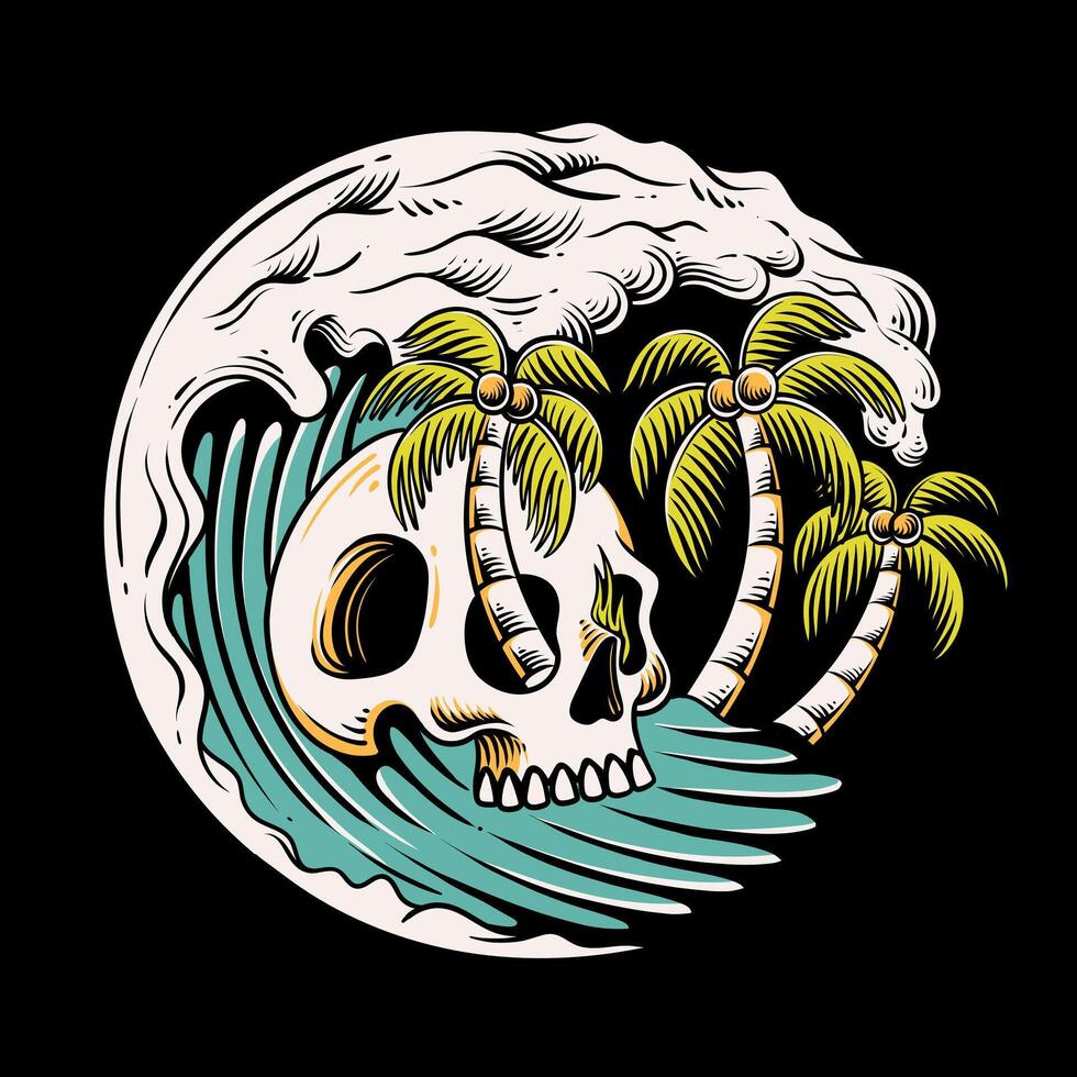 skull with ocean wave, skull illustration, summer illustration, skull surfing vector