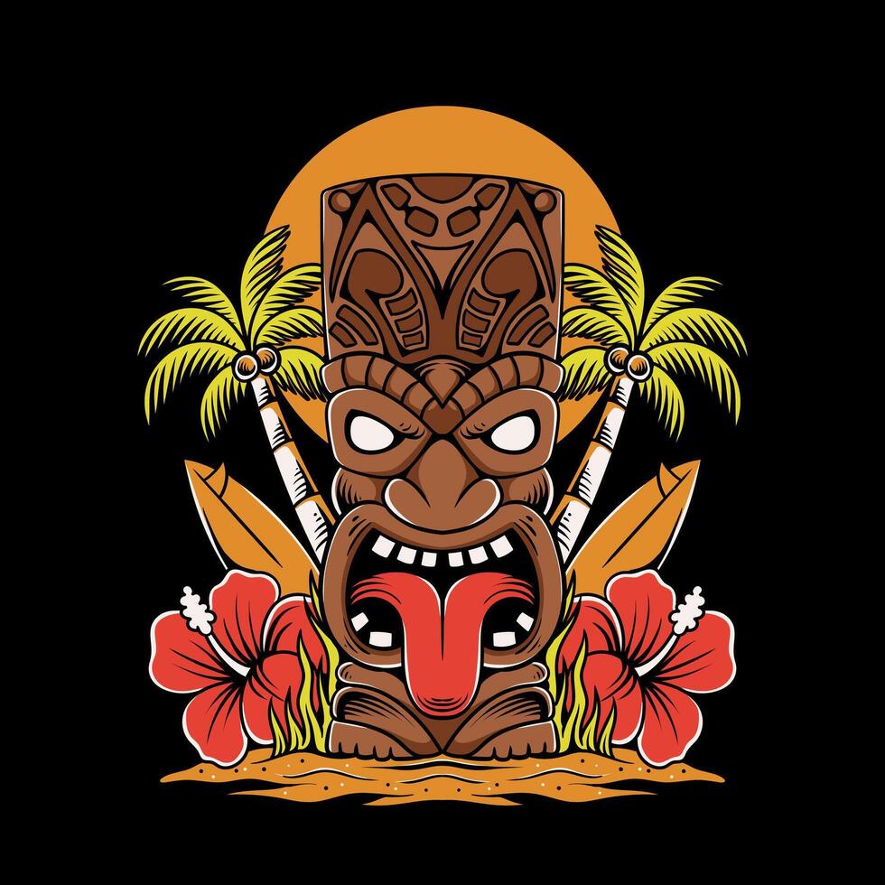 tiki illustration, tiki beach, summer design for apparel vector