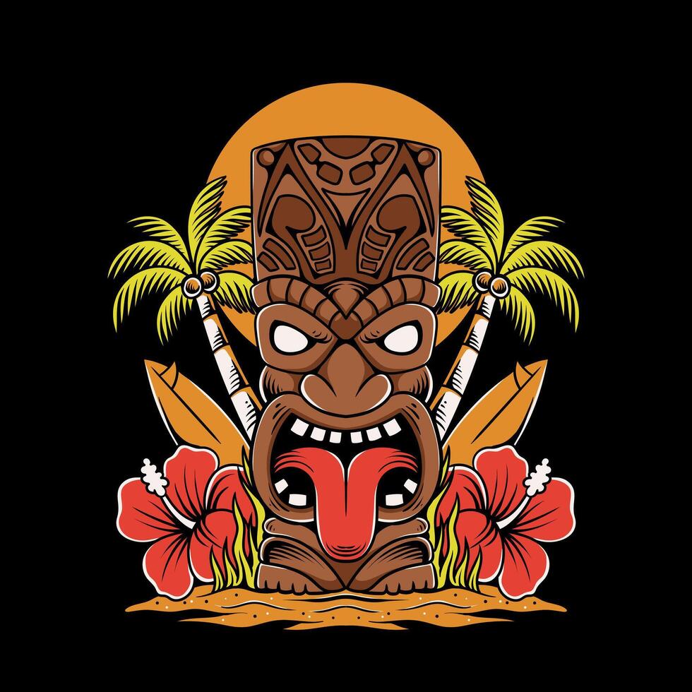 tiki illustration, tiki beach, summer design for apparel vector