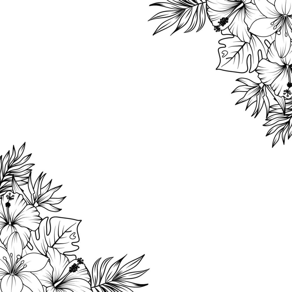 border with sketches of tropical leaves and flowers vector